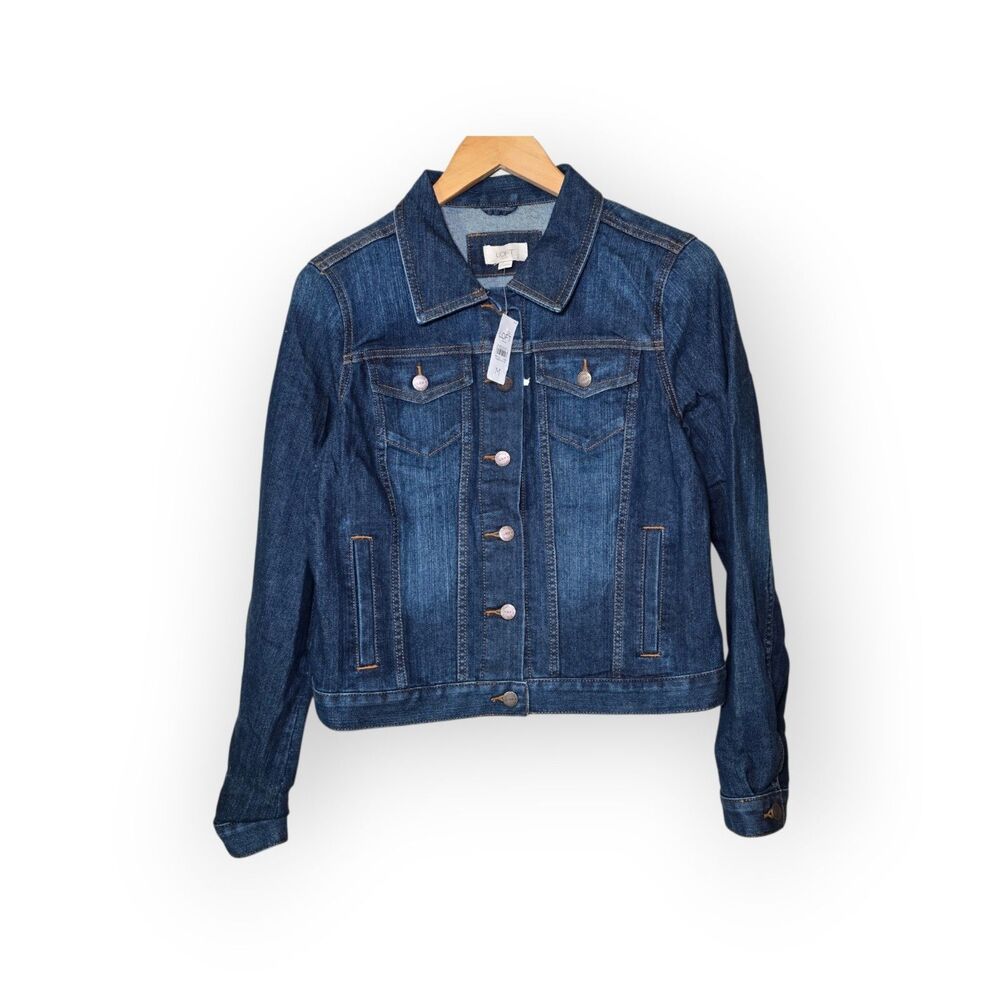 NWT LOFT Outlet Dark Wash Denim Jacket Size Medium Classic Stretch Trucker